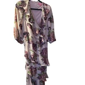 Betsey Johnson Size 14 Pink Roses Floral Wrap Ruffle Maxi Dress Brunch Wedding